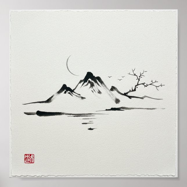 "Moonlit Mountains: Sumi-e Landscape" Poster (Front)