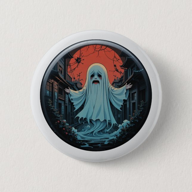 'Moonlit Mourning' - The Sad Ghost of the Alley 6 Cm Round Badge (Front)