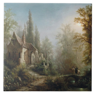 Moonlit Night over Country Chapel and Horse Riders Ceramic Tile