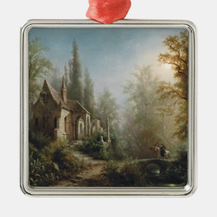 Moonlit Night over Country Chapel and Horse Riders Metal Ornament