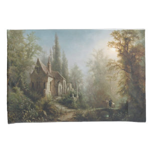 Moonlit Night over Country Chapel and Horse Riders Pillowcase