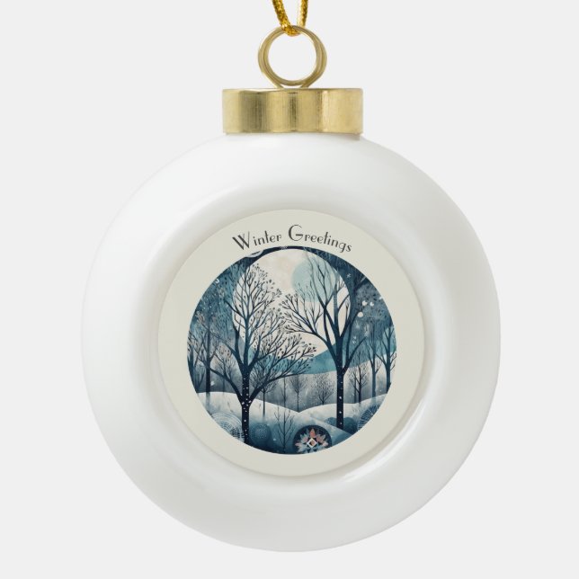 Moonlit Nordic Forest, customisable Ceramic Ball Christmas Ornament (Front)