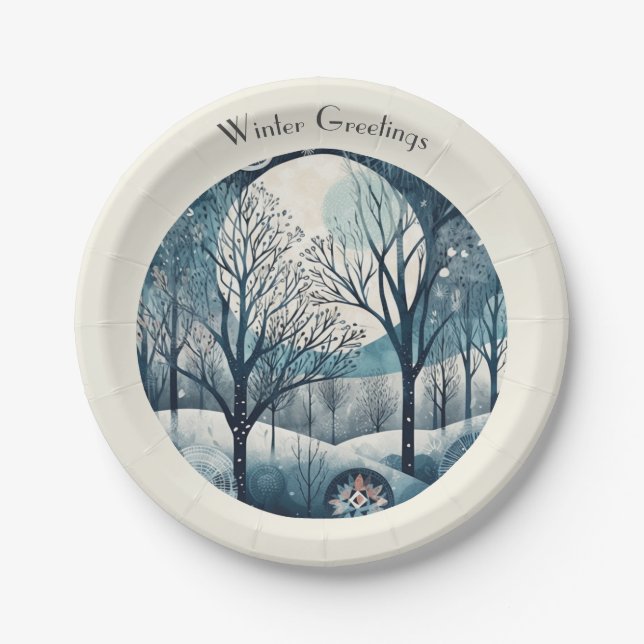 Moonlit Nordic Forest, customisable Paper Plate (Front)