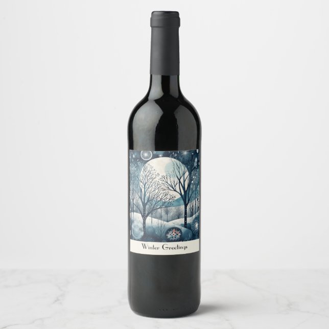 Moonlit Nordic Forest, customisable Wine Label (Front)