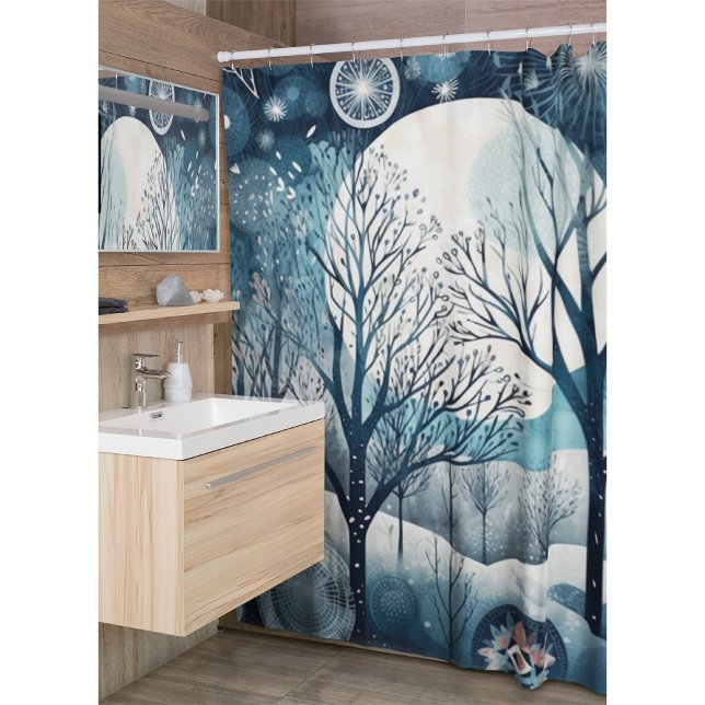 Moonlit Nordic Forest Winter Night Shower Curtain (Creator Uploaded)