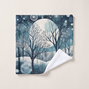Moonlit Nordic Forest Winter Night Wash Cloth