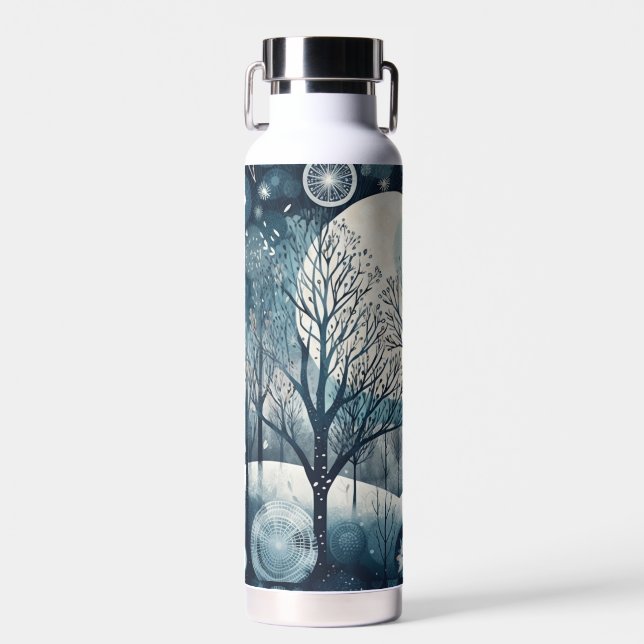 Moonlit Nordic Forest Winter Night Water Bottle (Front)