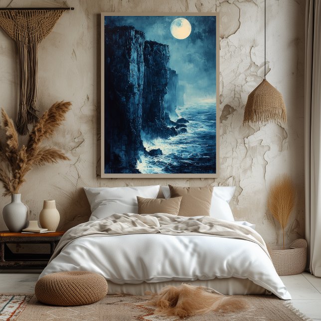 Moonlit Ocean Cliffs in Monochrome Blue Poster (Creator Uploaded)