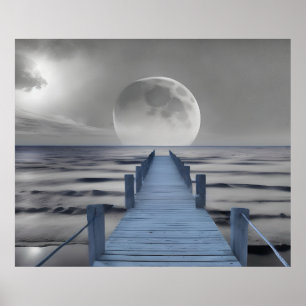 Moonlit Ocean Serenity: Coastal Pier by Night Poster