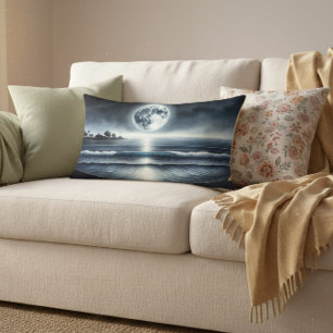 Moonlit Ocean Waves Celestial Night Sky Lumbar Cushion