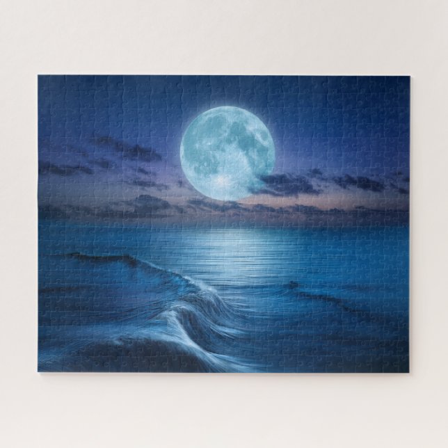 Moonlit Ocean Waves with Full Moon Jigsaw Puzzle (Horizontal)
