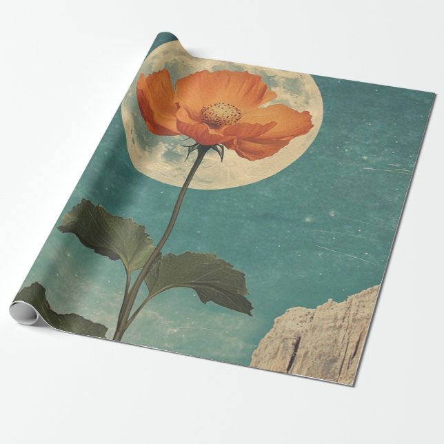 Moonlit Orange Bloom - Vintage Boho Charm Wrapping Paper (Unrolled)