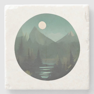 Moonlit Peaks: A Nighttime Wilderness Scene Stone Coaster