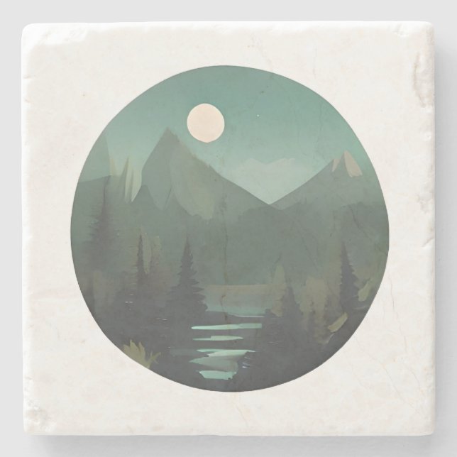 Moonlit Peaks: A Nighttime Wilderness Scene Stone Coaster (Front)