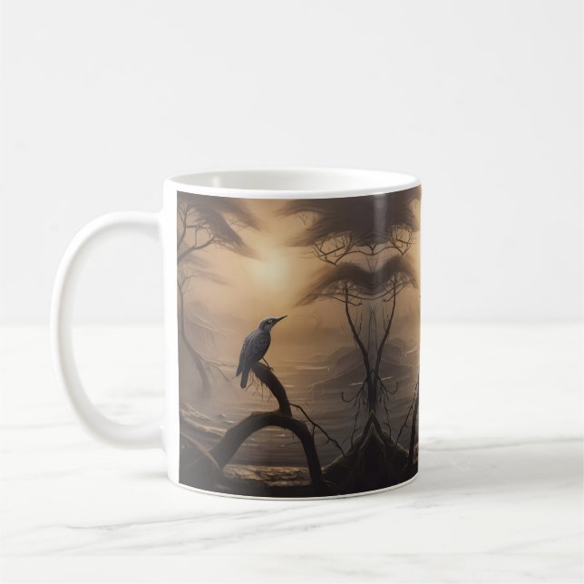 Moonlit Perch: A Solitary Bird in Twilight Coffee Mug (Left)