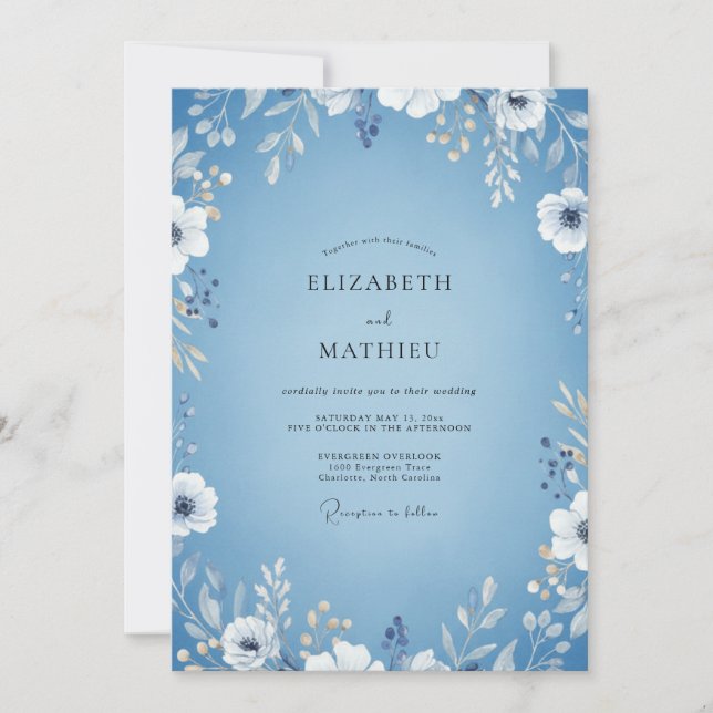 Moonlit Periwinkle Leafy Wedding Invitation (Front)