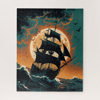 Moonlit Pirate Ship in Stormy Seas Jigsaw Puzzle