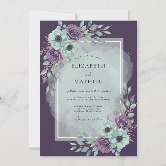 Moonlit Plum Amethyst Peony Wedding Invitation (Front)