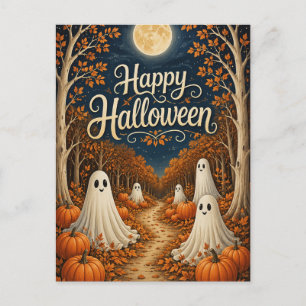 Moonlit Pumpkin Path Halloween Harvest Holiday Postcard