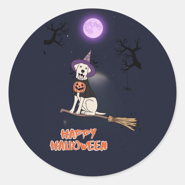 Moonlit Pup – Halloween Dog in Witch Hat Classic Round Sticker (Front)