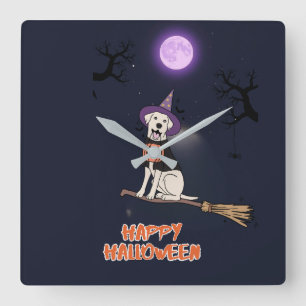 Moonlit Pup – Halloween Dog in Witch Hat Square Wall Clock