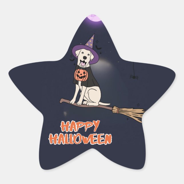 Moonlit Pup – Halloween Dog in Witch Hat Star Sticker (Front)