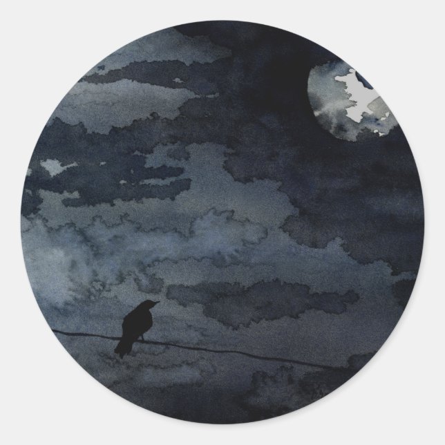 Moonlit Raven - Full Moon Art Classic Round Sticker (Front)