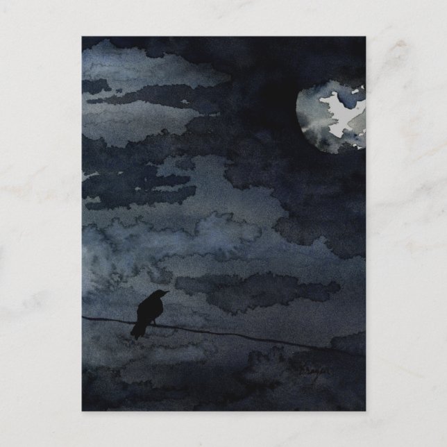 Moonlit Raven - Full Moon Art Postcard (Front)