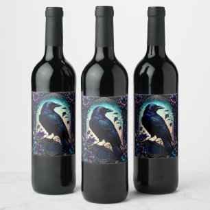 Moonlit Raven Gothic Floral Wedding Suite. Wine Label