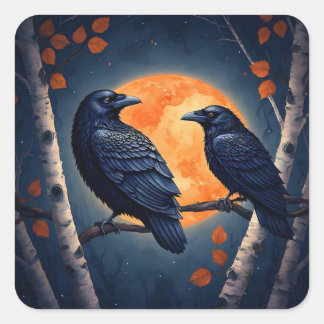 Moonlit Ravens on Birch Trees  Square Sticker