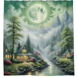“Moonlit River Village” Shower Curtain