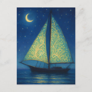 Moonlit Sailboat - Pastel Painting Style Night Art Postcard