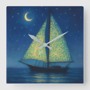 Moonlit Sailboat - Pastel Painting Style Night Art Square Wall Clock