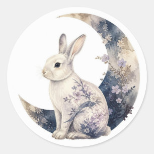Moonlit Sakura Rabbit – Japanese Watercolor Sticke Classic Round Sticker
