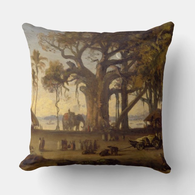 Moonlit Scene of Indian Figures and Elephants amon Cushion (Front)