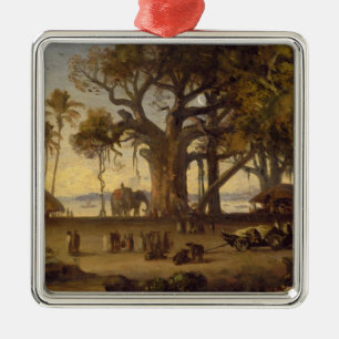 Moonlit Scene of Indian Figures and Elephants amon Metal Tree Decoration