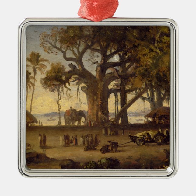 Moonlit Scene of Indian Figures and Elephants amon Metal Tree Decoration (Front)