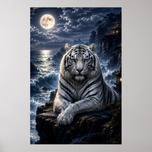 Moonlit Sea Guardian   White Tiger Fantasy Art   O Poster