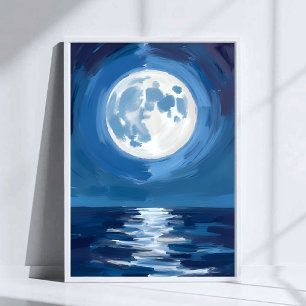 Moonlit Sea Ocean Night Watercolor Reflection Poster