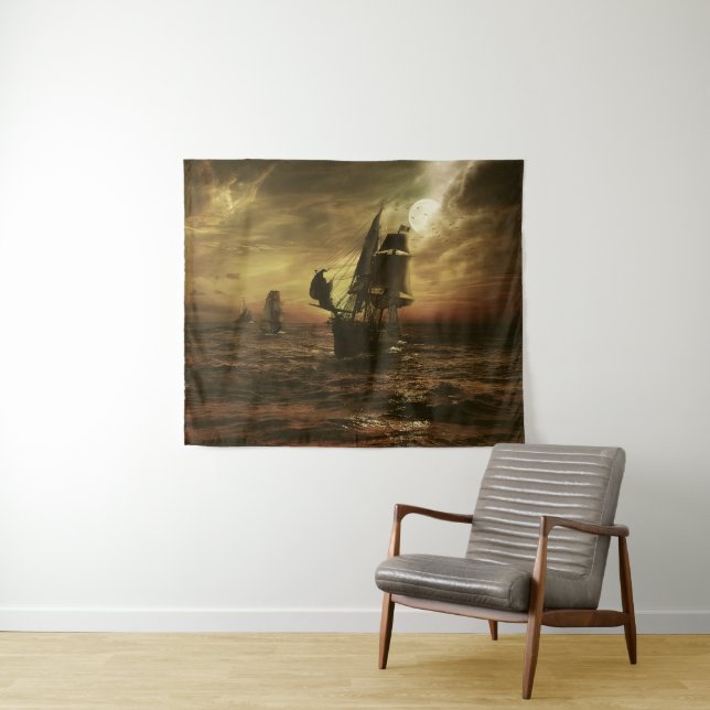 Moonlit Sea Voyage Maritime Art Tapestry (In Situ (Horizontal))