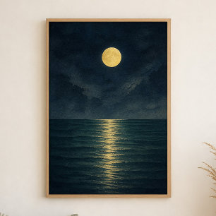 Moonlit Sea Watercolour Coastal Art Poster