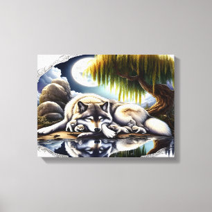 Moonlit Serenity A Slumbering Wolf 16x12 Canvas Print