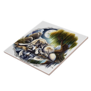 Moonlit Serenity A Slumbering Wolf Ceramic Tile