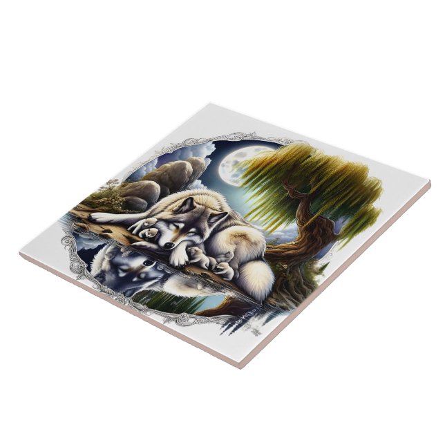 Moonlit Serenity A Slumbering Wolf Ceramic Tile (Side)