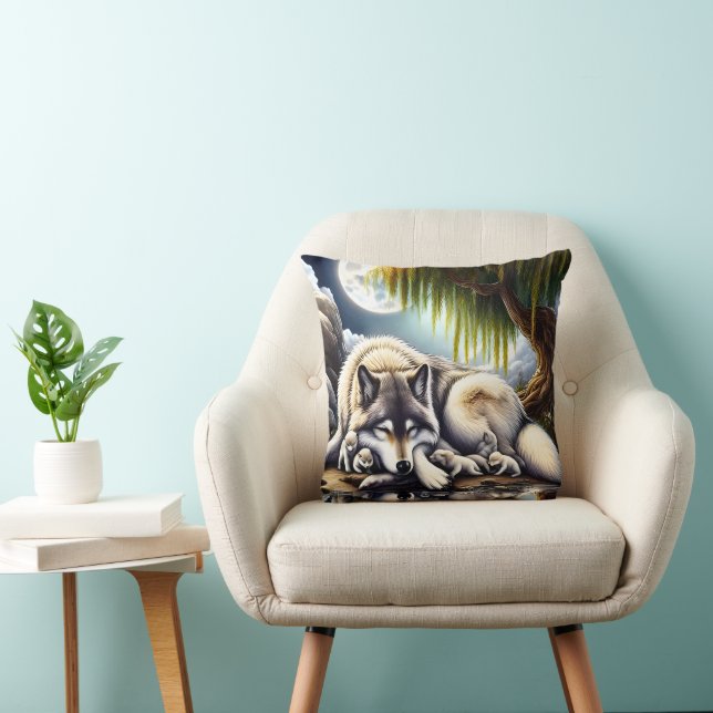 Moonlit Serenity A Slumbering Wolf Cushion (Chair)