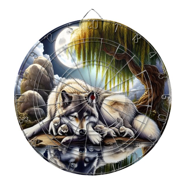 Moonlit Serenity A Slumbering Wolf Dartboard (Front)