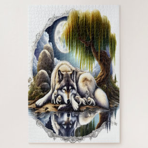 Moonlit Serenity A Slumbering Wolf Jigsaw Puzzle