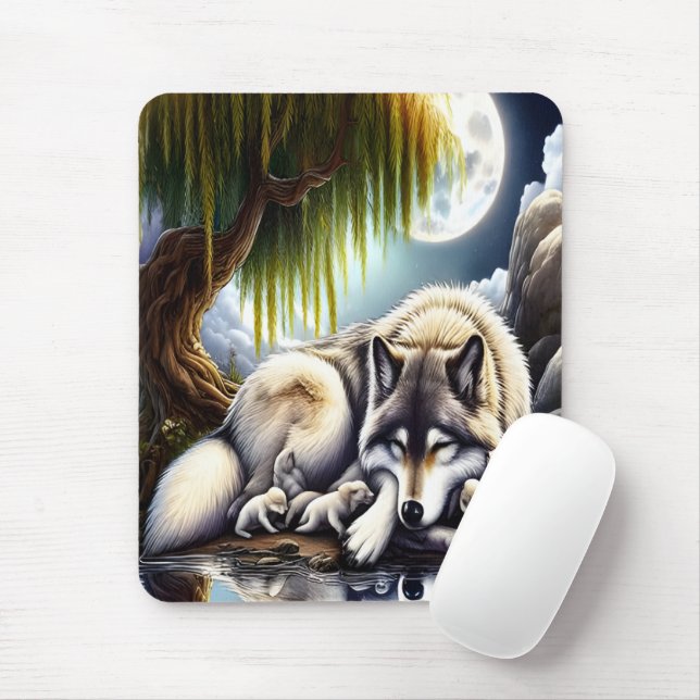 Moonlit Serenity A Slumbering Wolf Mouse Pad (With Mouse)