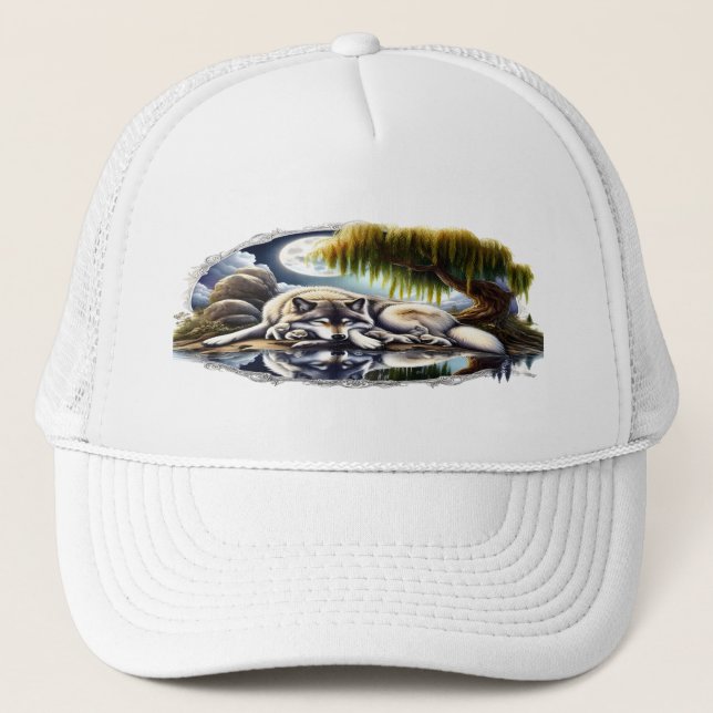 Moonlit Serenity A Slumbering Wolf Trucker Hat (Front)