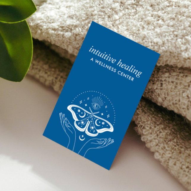 Moonlit Serenity: Embrace Healing Hands Blue Business Card (yoga holistic wellness meditation centre hands opened moon phases evil eye)